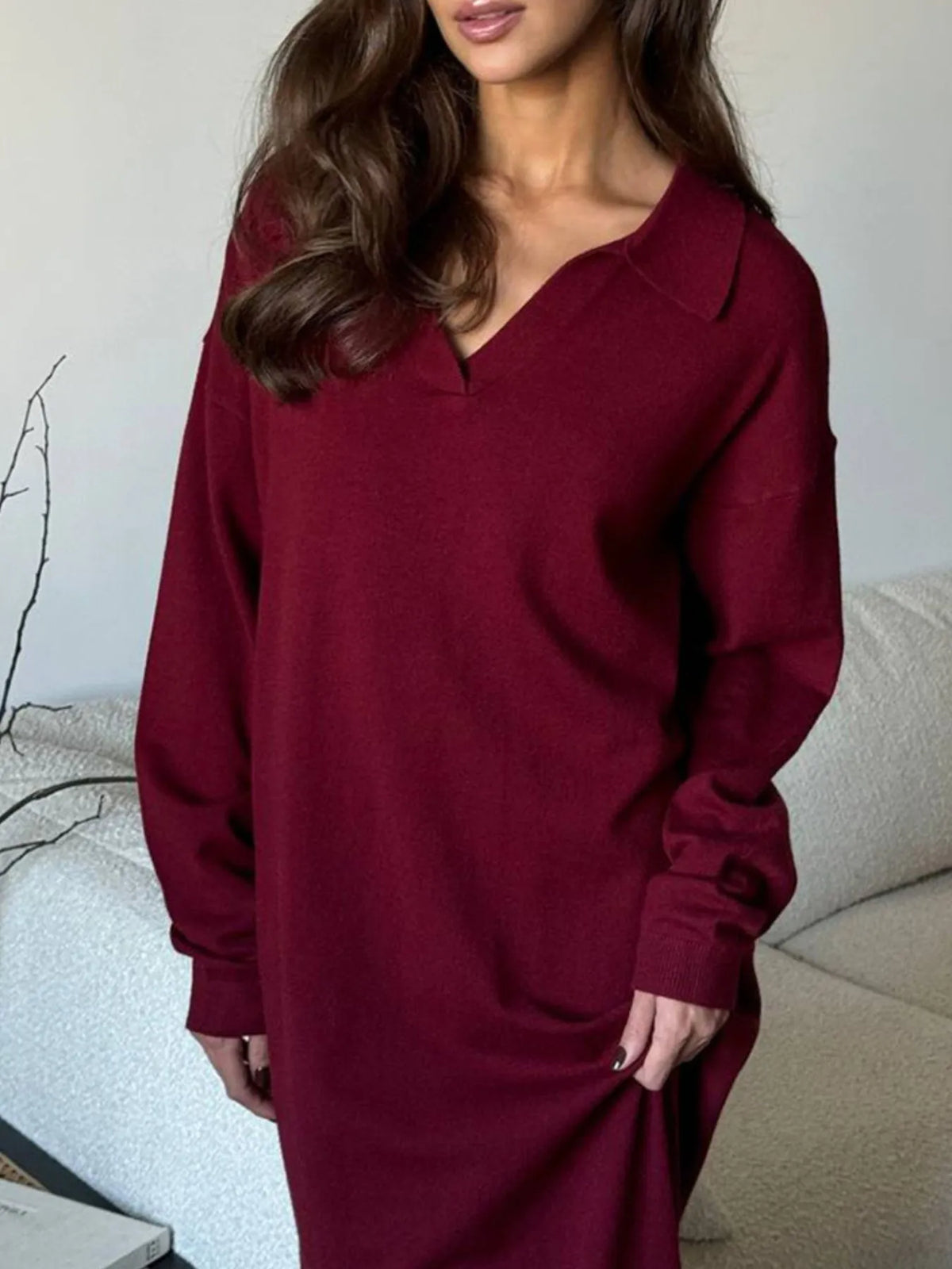 Collared Long Sleeve Knit Dress with Buttons