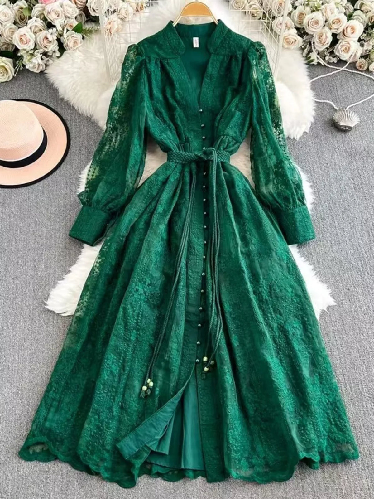 Lace Tie-Waist Long Sleeve Dress