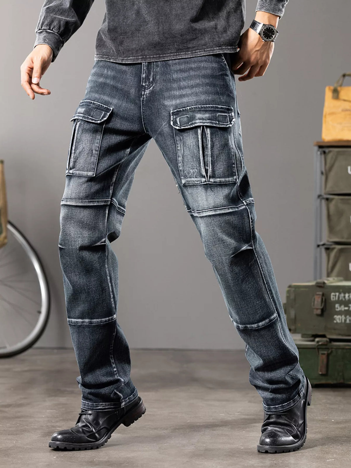 Dark Vintage Wash Cargo Jeans by True Self