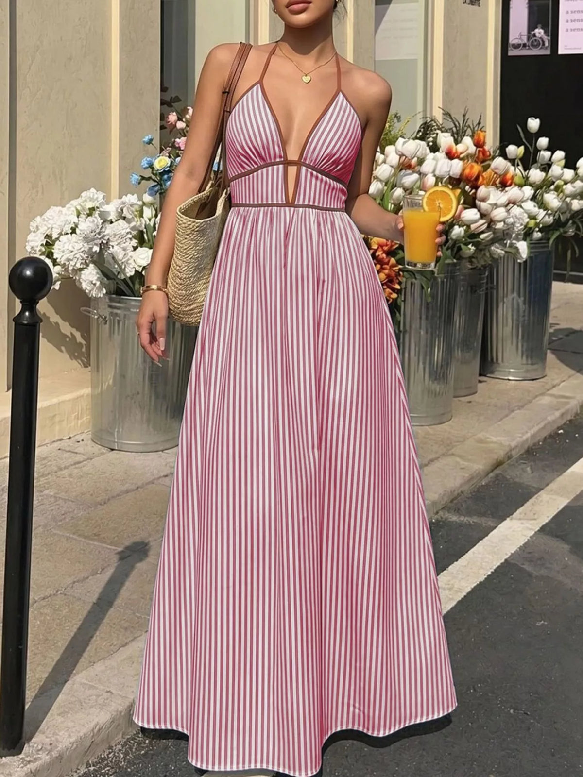 Striped Halter Neck Maxi Dress in Cotton Blend