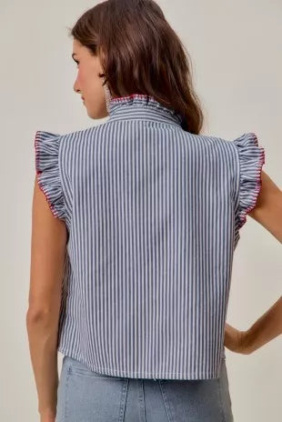 So Me Striped Ruffled Vest Top in Blue and Red in Blue/Red