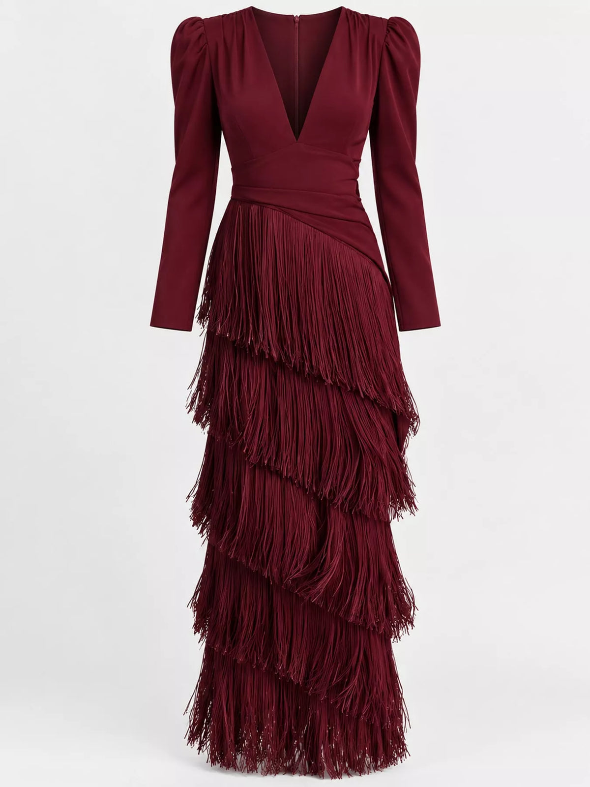 Fringed V-Neck Puff Sleeve Maxi Dress