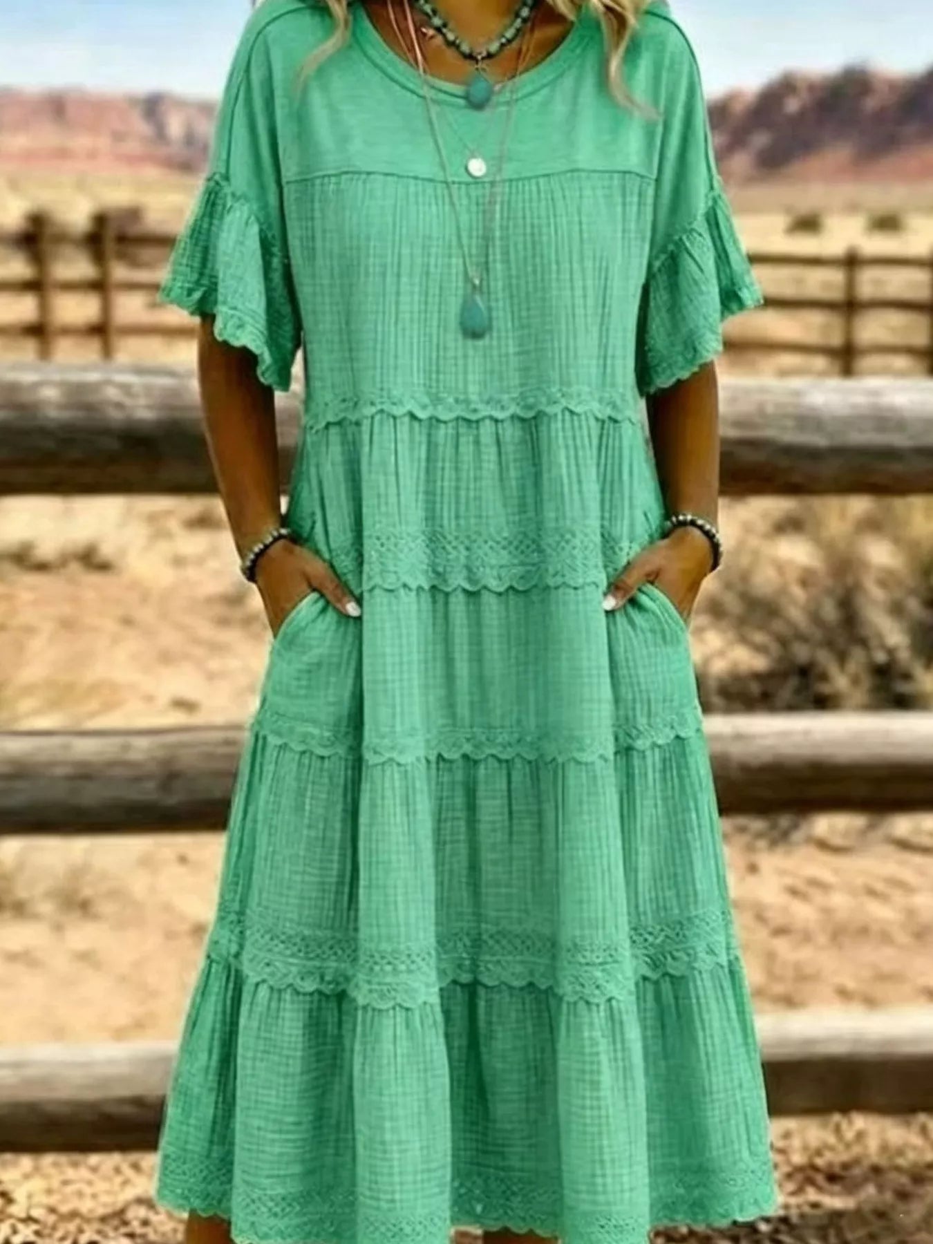 Tiered Ruffle Sleeve Midi Dress with Pockets