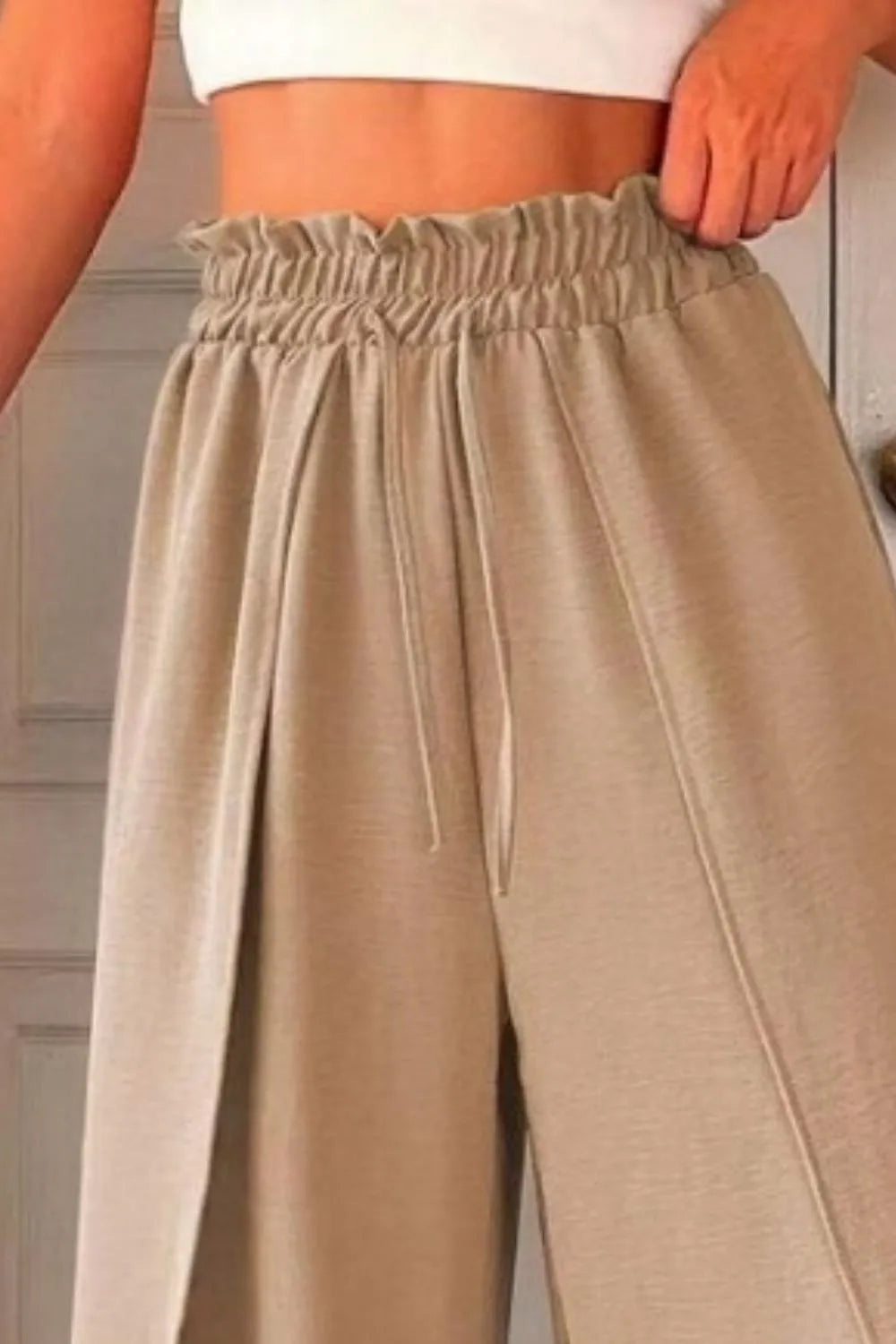 Frilled Slit Wide-Leg Pants