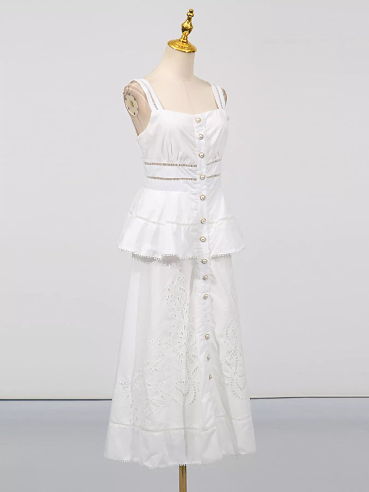 Sleeveless Eyelet Embroidered Button-Down Midi Dress in White