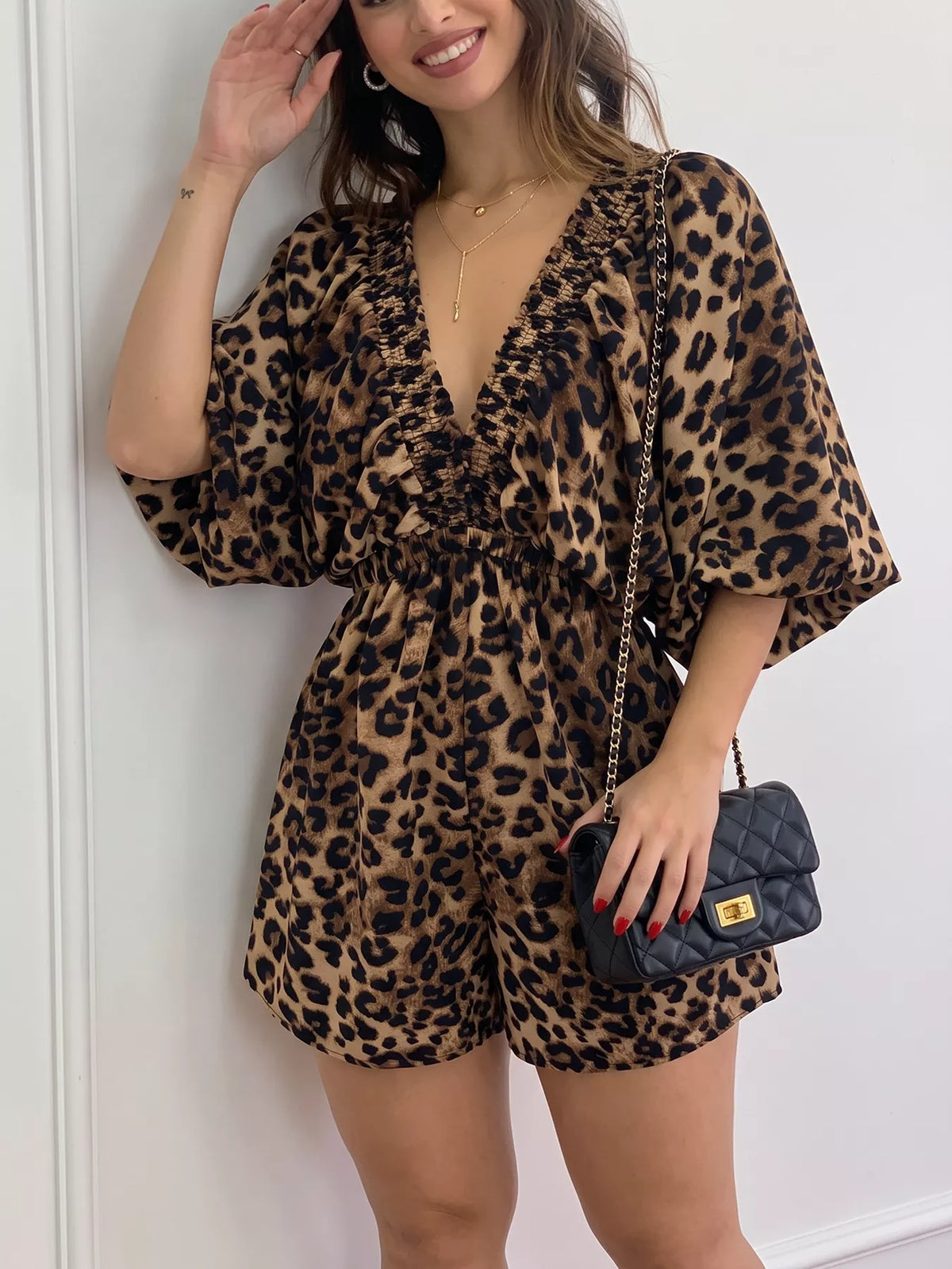 Leopard Print V-Neck Puff Sleeve Romper