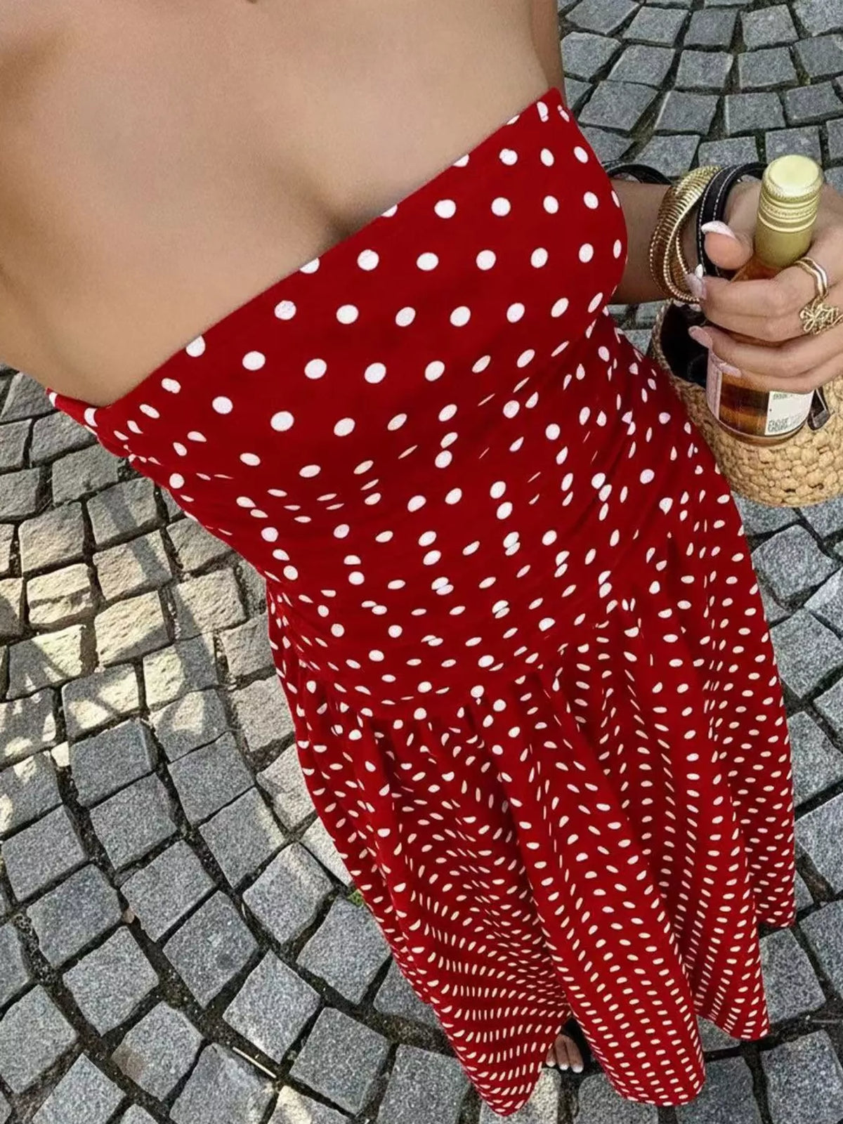 Strapless Polka Dot Ruched Maxi Dress
