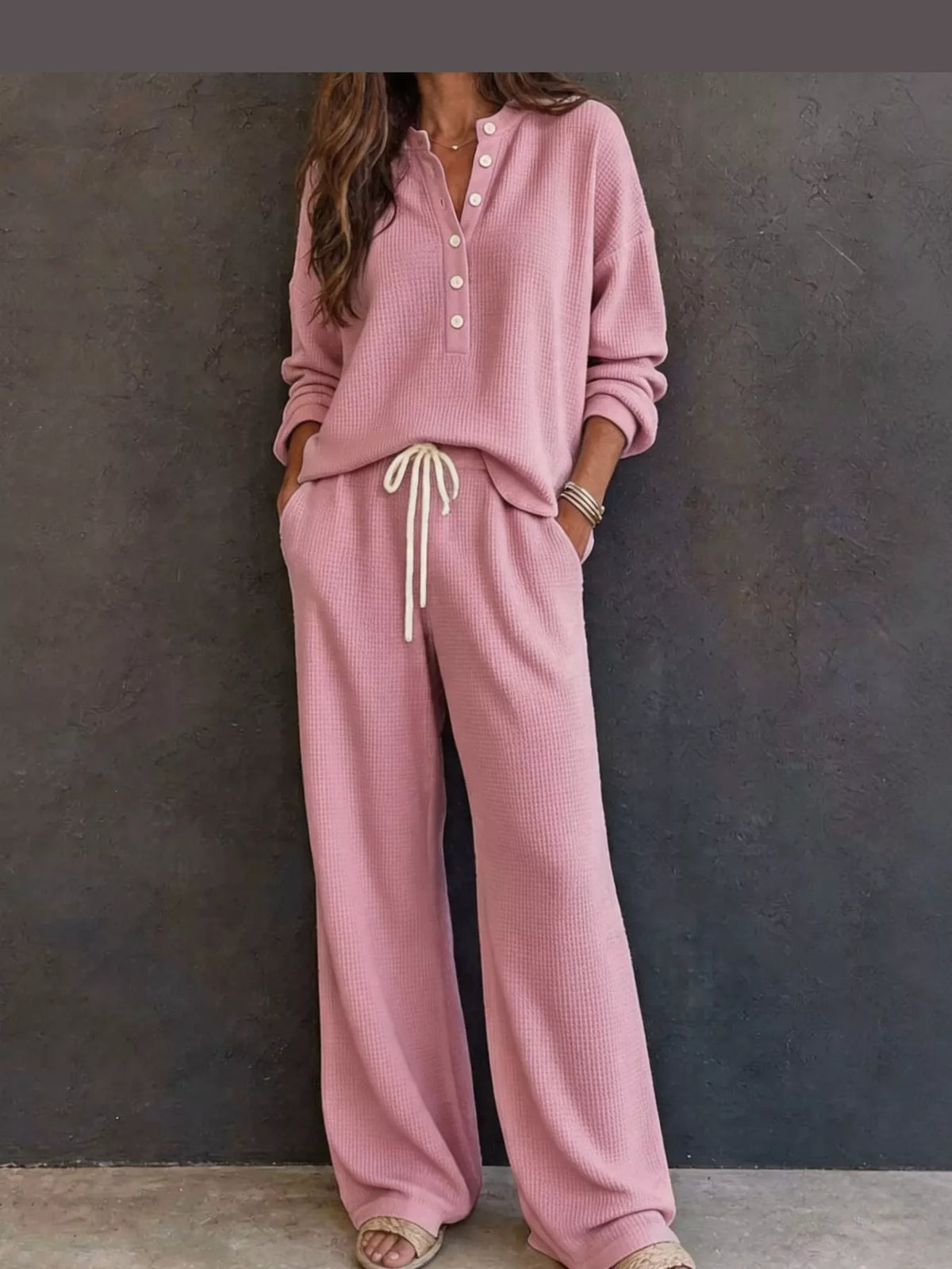 Waffle Knit Button Detail Top and Pants Set