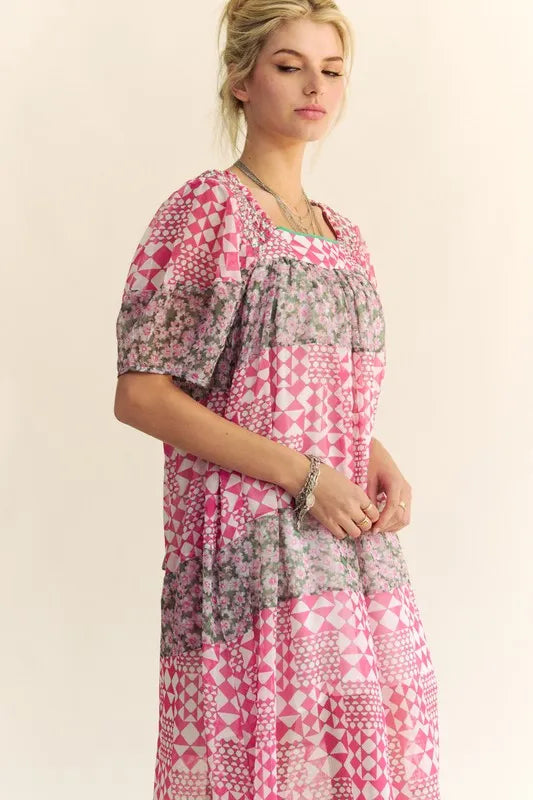 Multi Floral Square Neck Puff Sleeve Maxi Dress in Indian Pink