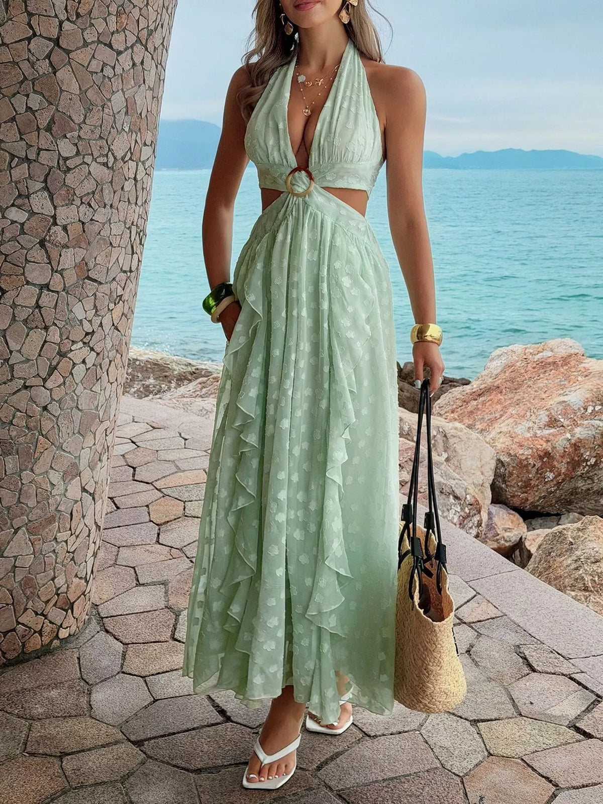 Ruffled Halter Neck Maxi Dress in Green