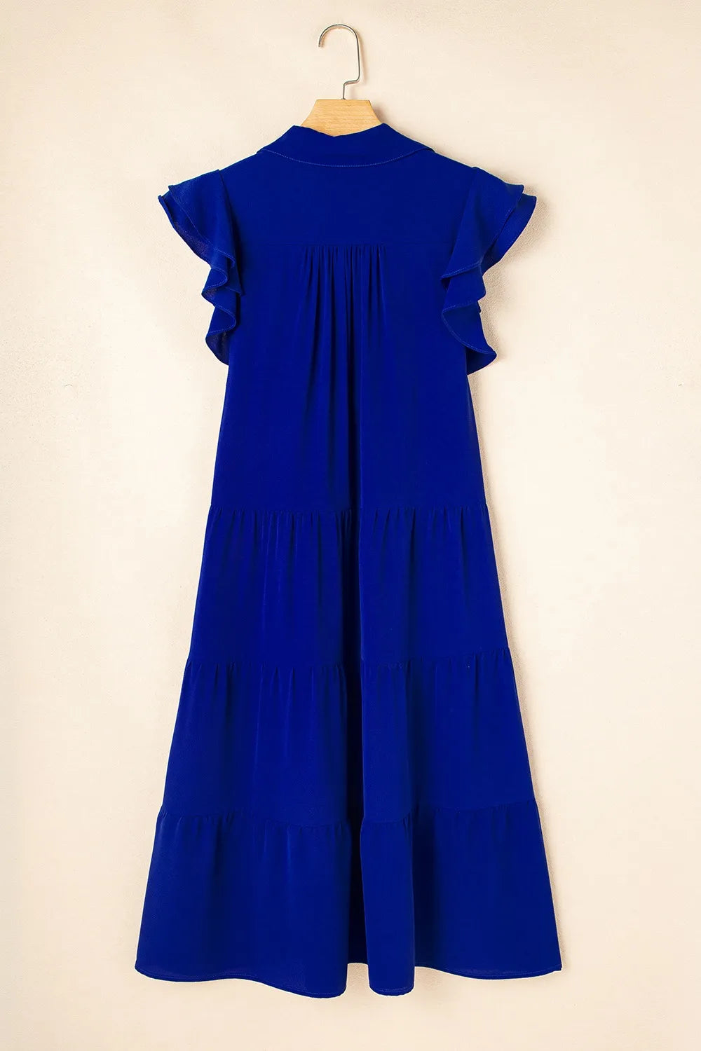 Ruffled Collared Tiered Midi Dress in Light Indigo