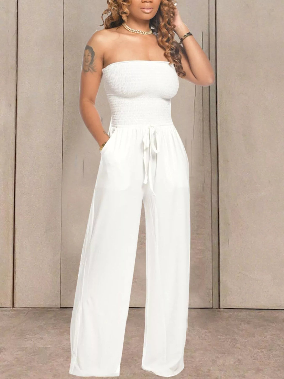 Smocked Strapless Wide-Leg Jumpsuit