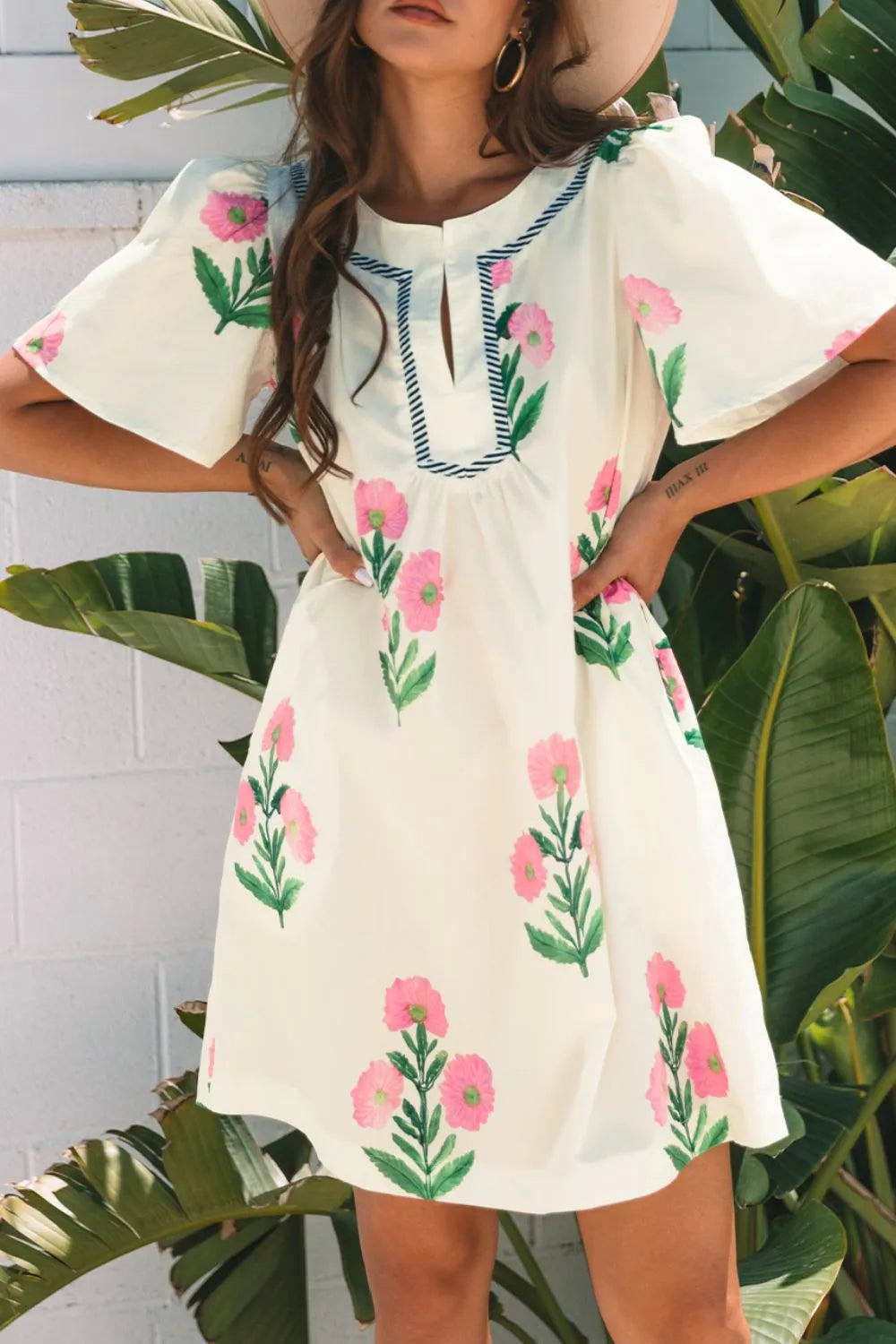 Floral Flutter Sleeve Mini Dress in Cream