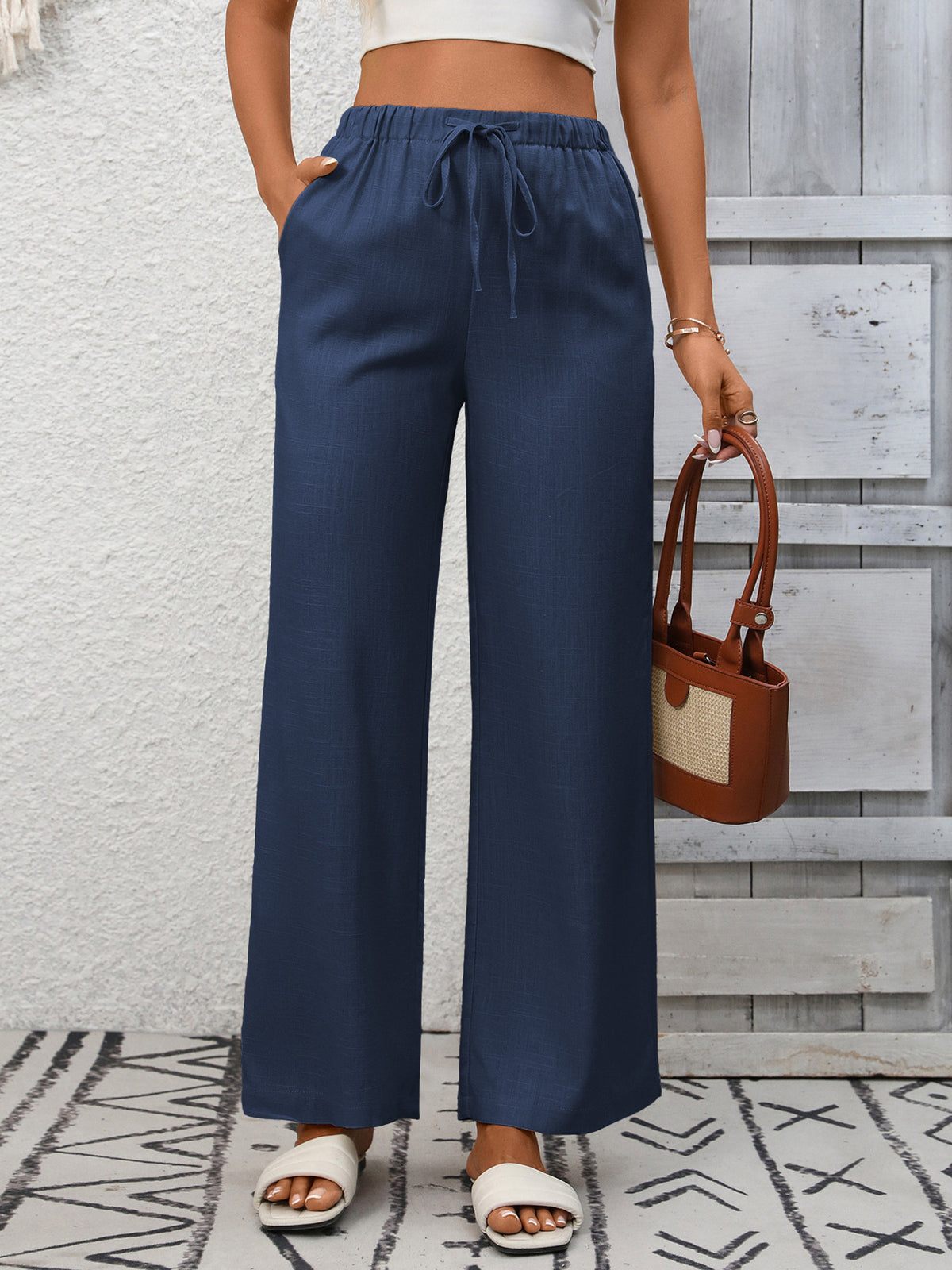 Drawstring High Waist Wide Leg Pants
