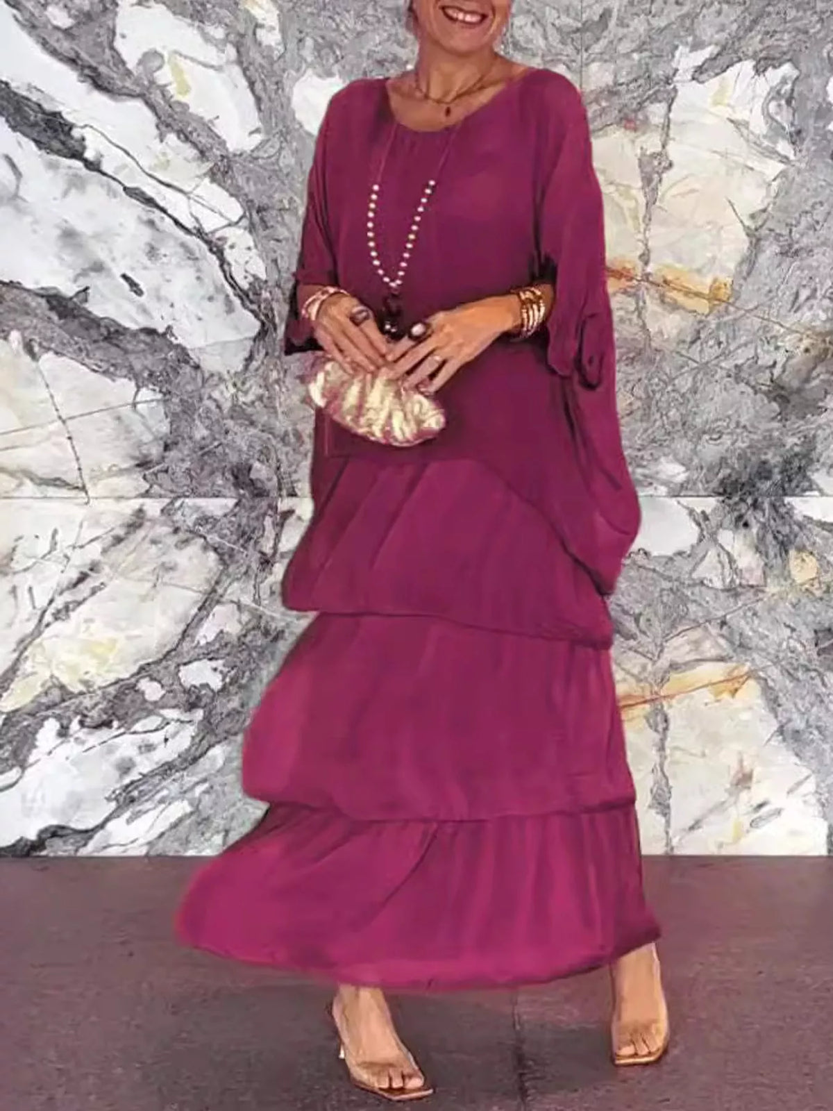 Layered Batwing-Sleeve Tiered Maxi Dress