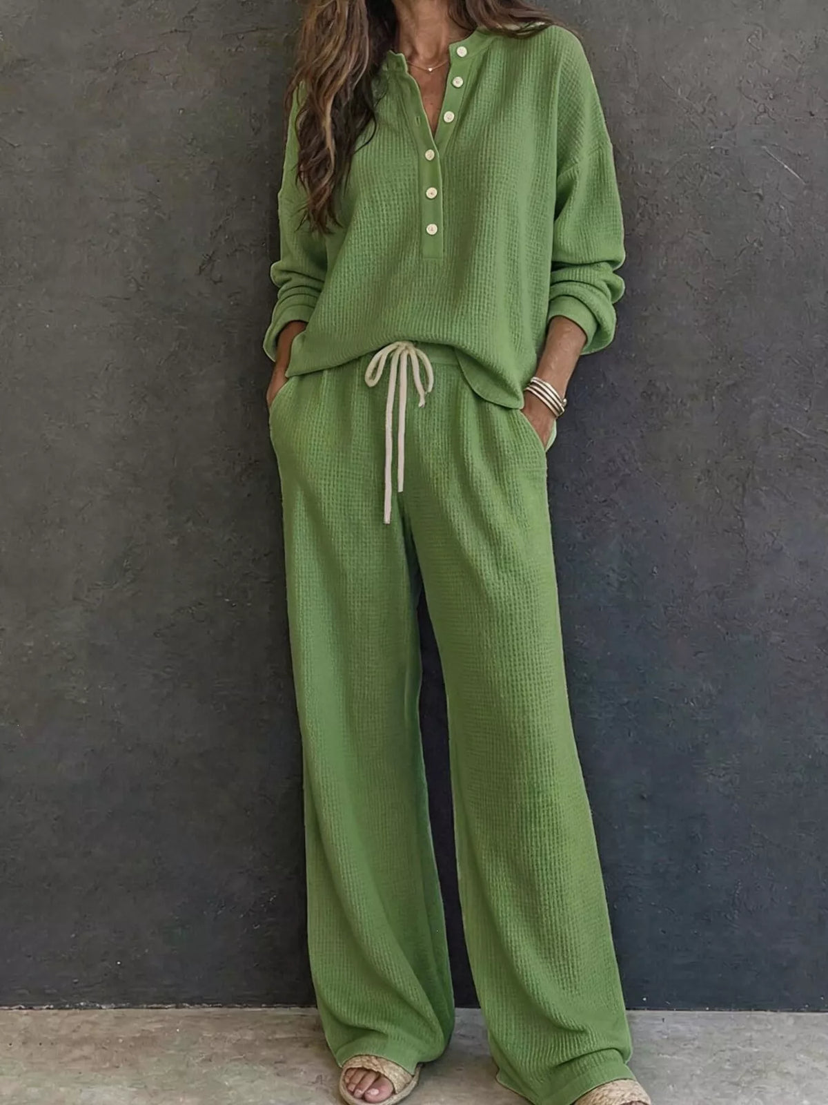 Waffle-Knit Button Detail Top and Pants Set