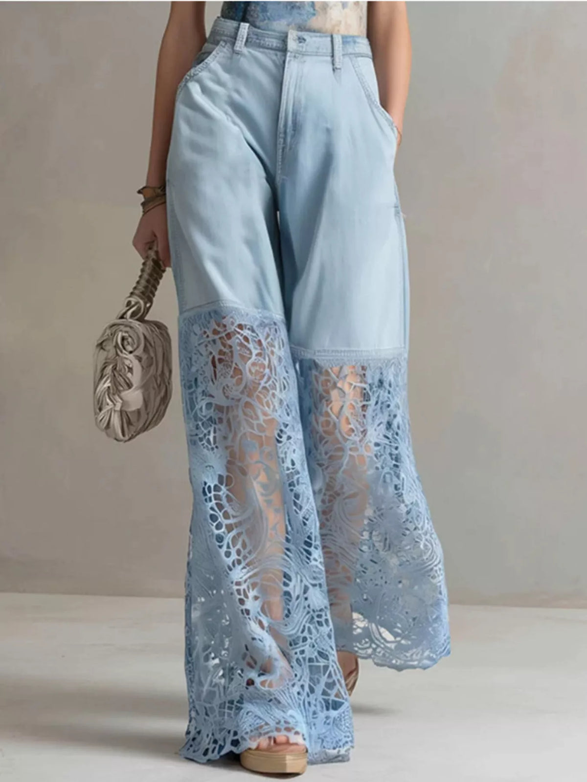 Lace Patchwork Wide Leg Jeans in Sky Blue