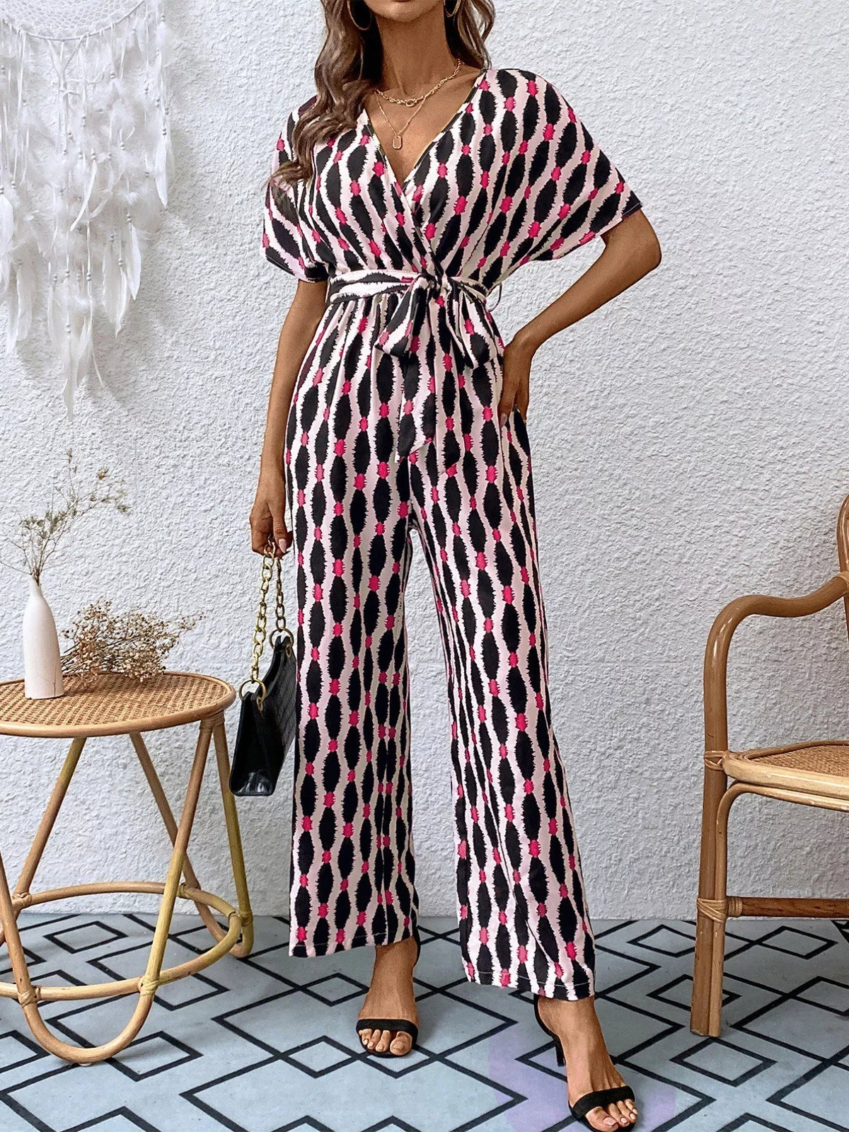Surplice Tie Waist Short Sleeve Jumpsuit