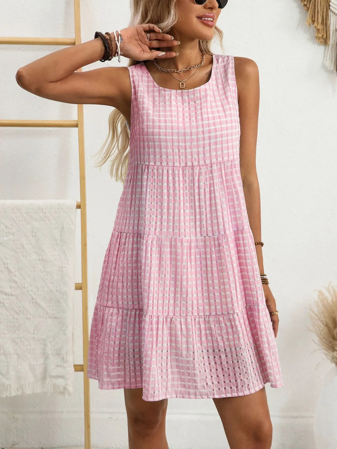 Plaid Round Neck Mini Dress
