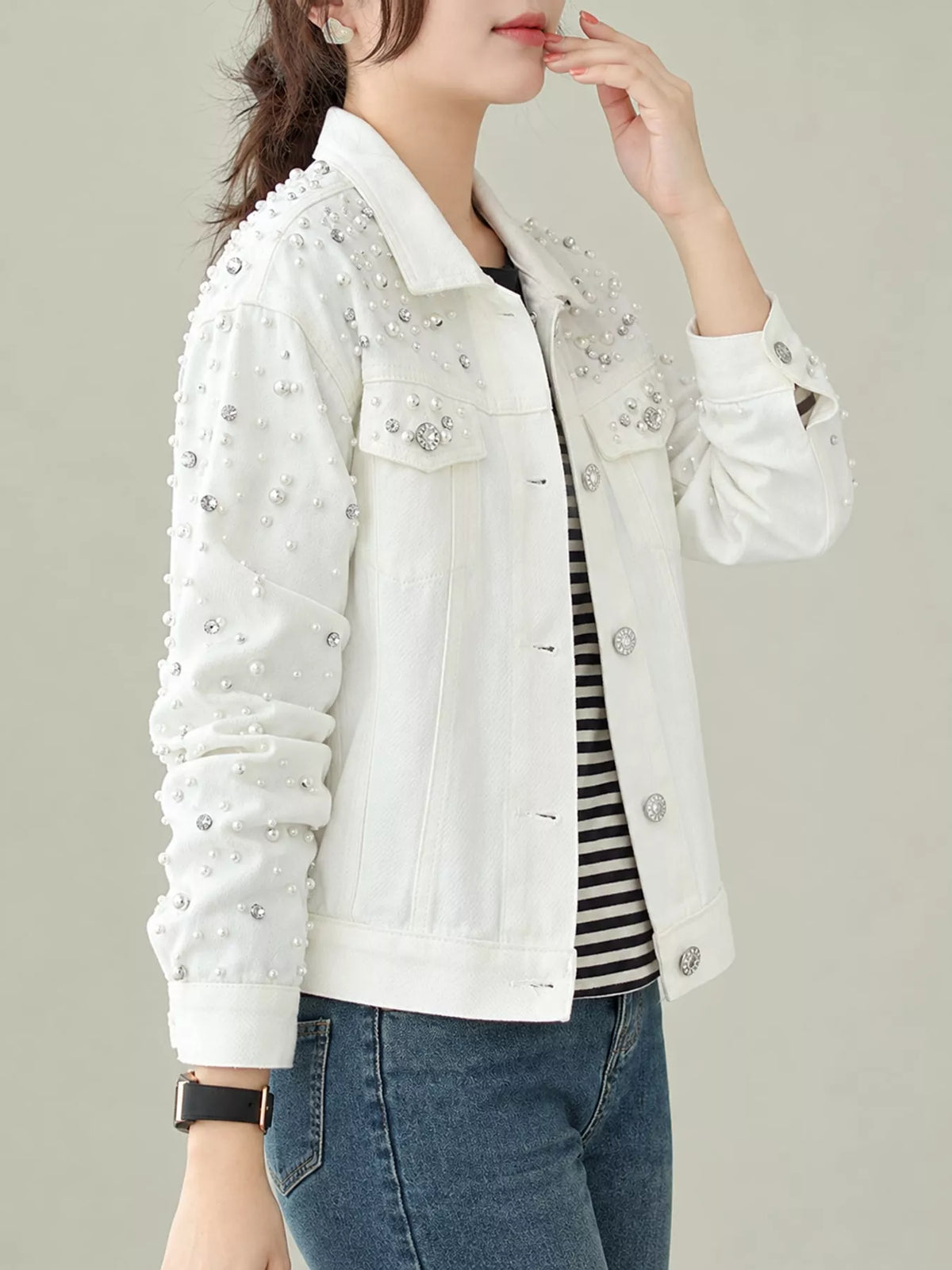 Pearl Detail Button-Up Denim Jacket