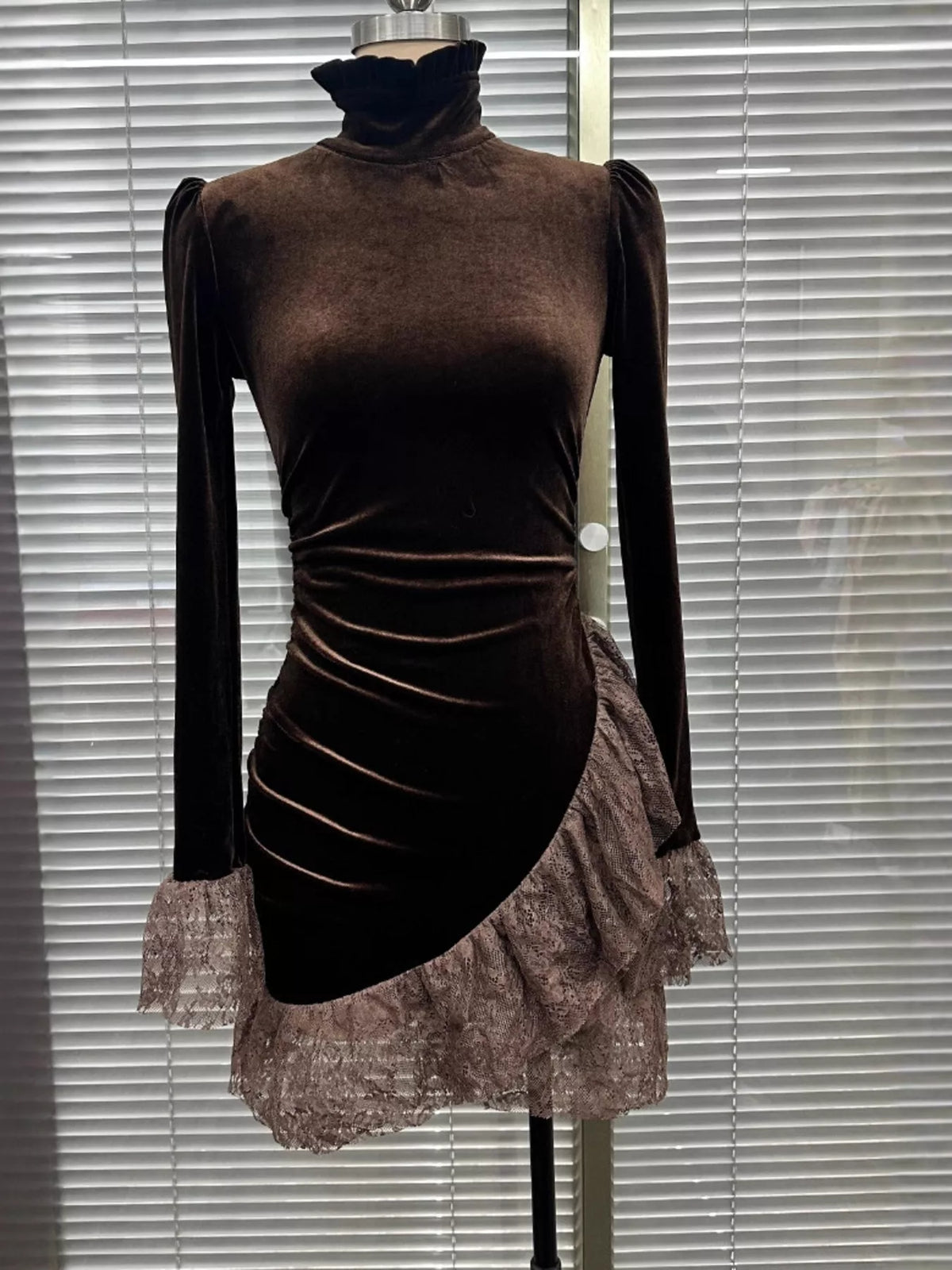 Velvet Mock Neck Mini Dress with Lace Ruffle Trim in Brown