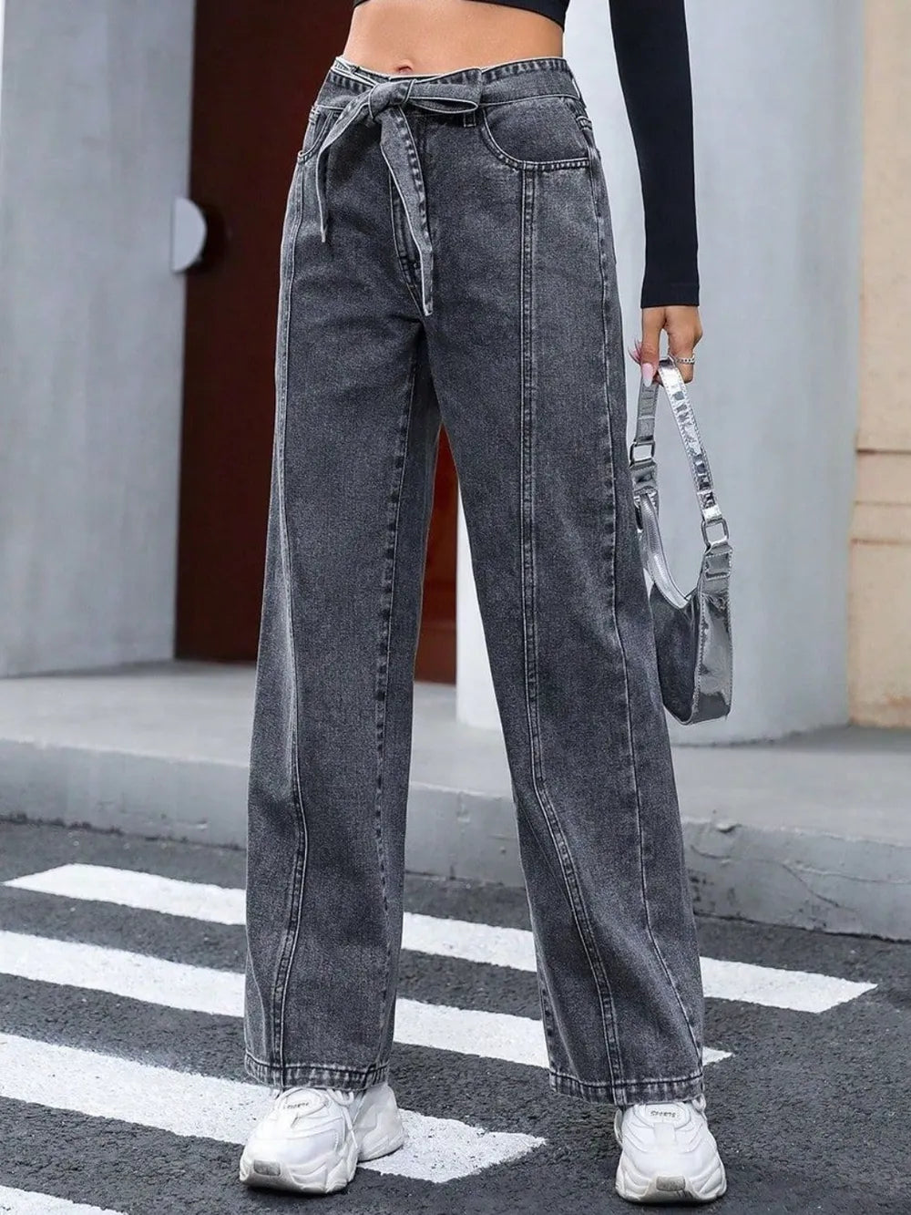 Tied Straight Leg Jeans with Pockets in Dark Gray