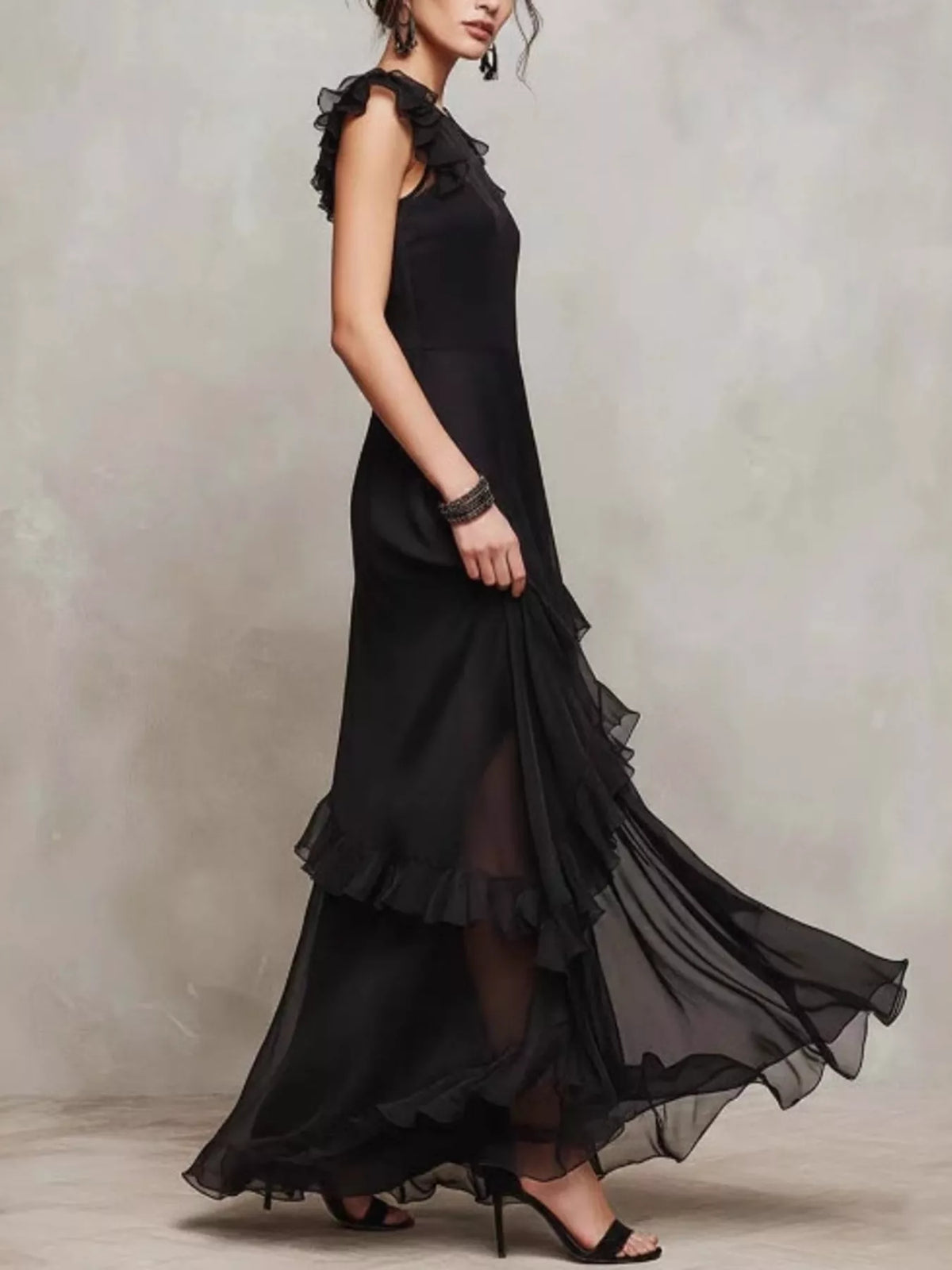 Sheer Ruffle Trim Maxi Dress in Black