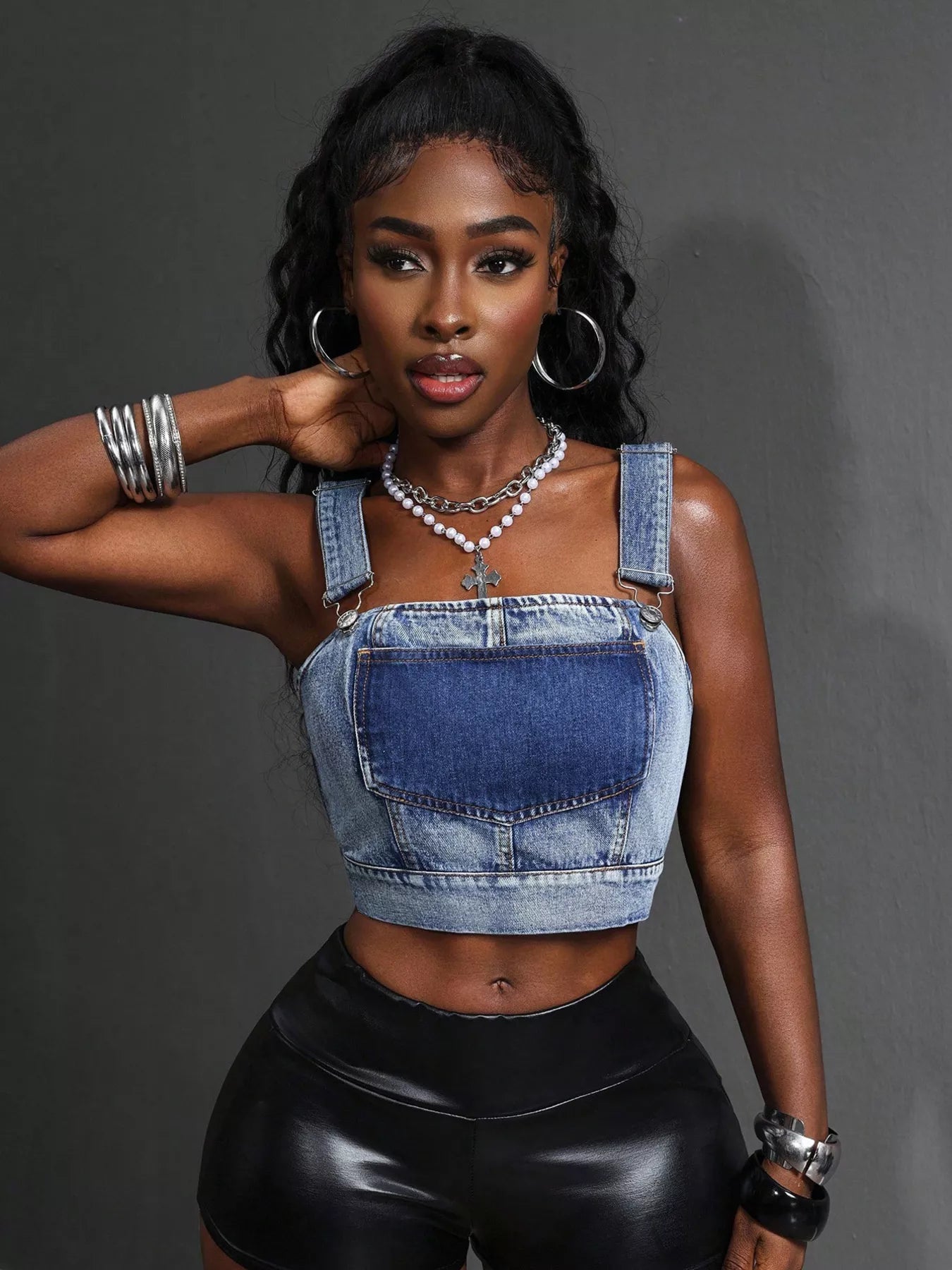 Cropped Denim Top with Adjustable Straps in Blue