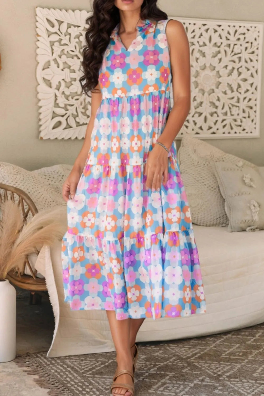 Tiered Floral Midi Dress in Pink Purple