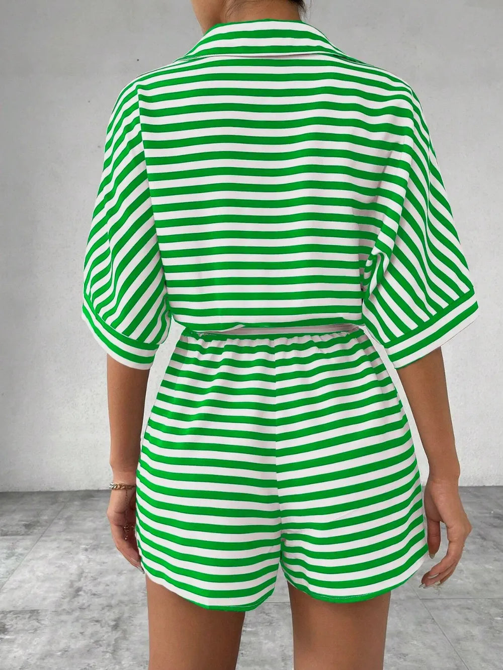 Half-Button Tie Waist Striped Romper