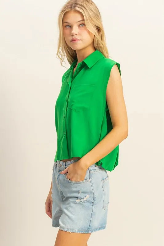 Hyfve Buttoned Front Sleeveless Collar Shirt in Kelly Green
