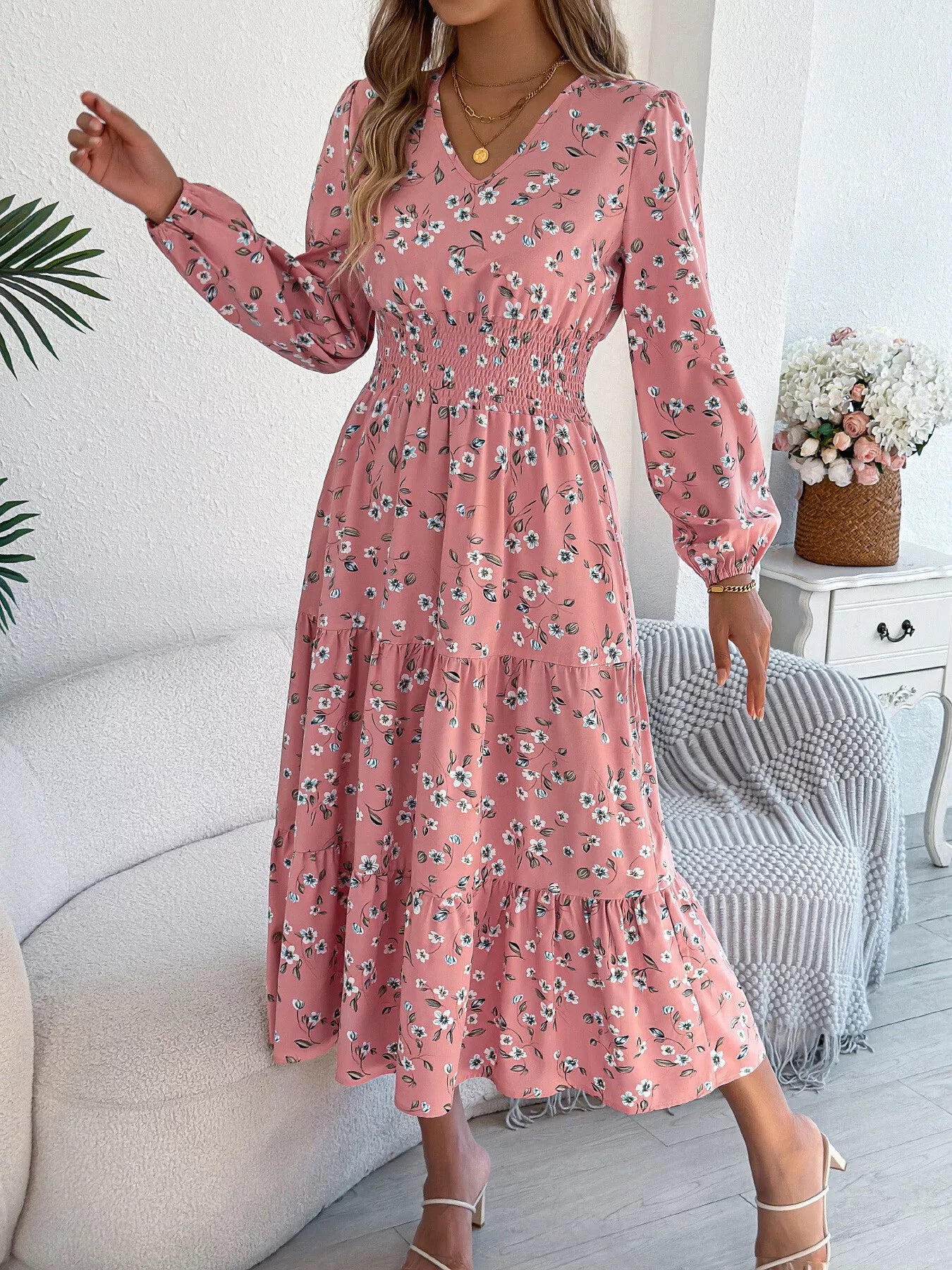 Floral Print Tiered Midi Dress