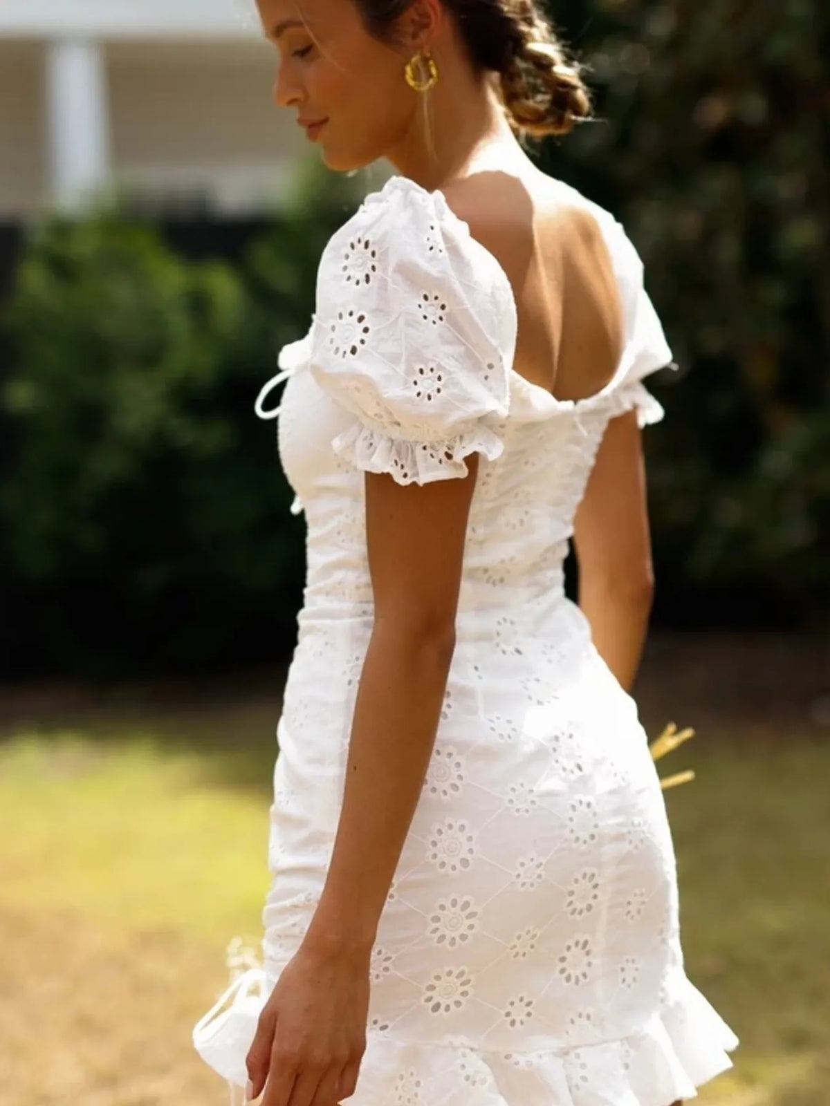 Eyelet Lace-Up Ruffled Hem Mini Dress in White
