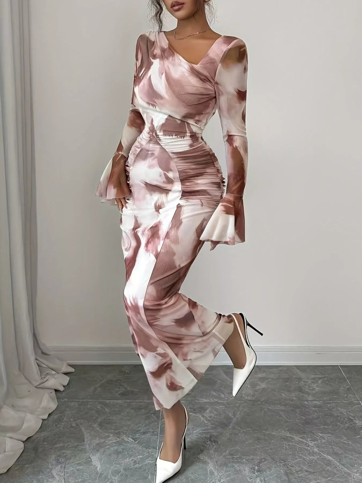 Asymmetrical Neck Long Sleeve Maxi Dress in Red