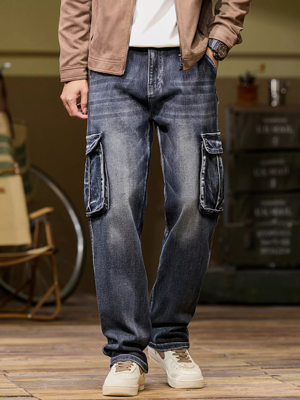 Loose Fit Cargo Jeans in Black by True Self