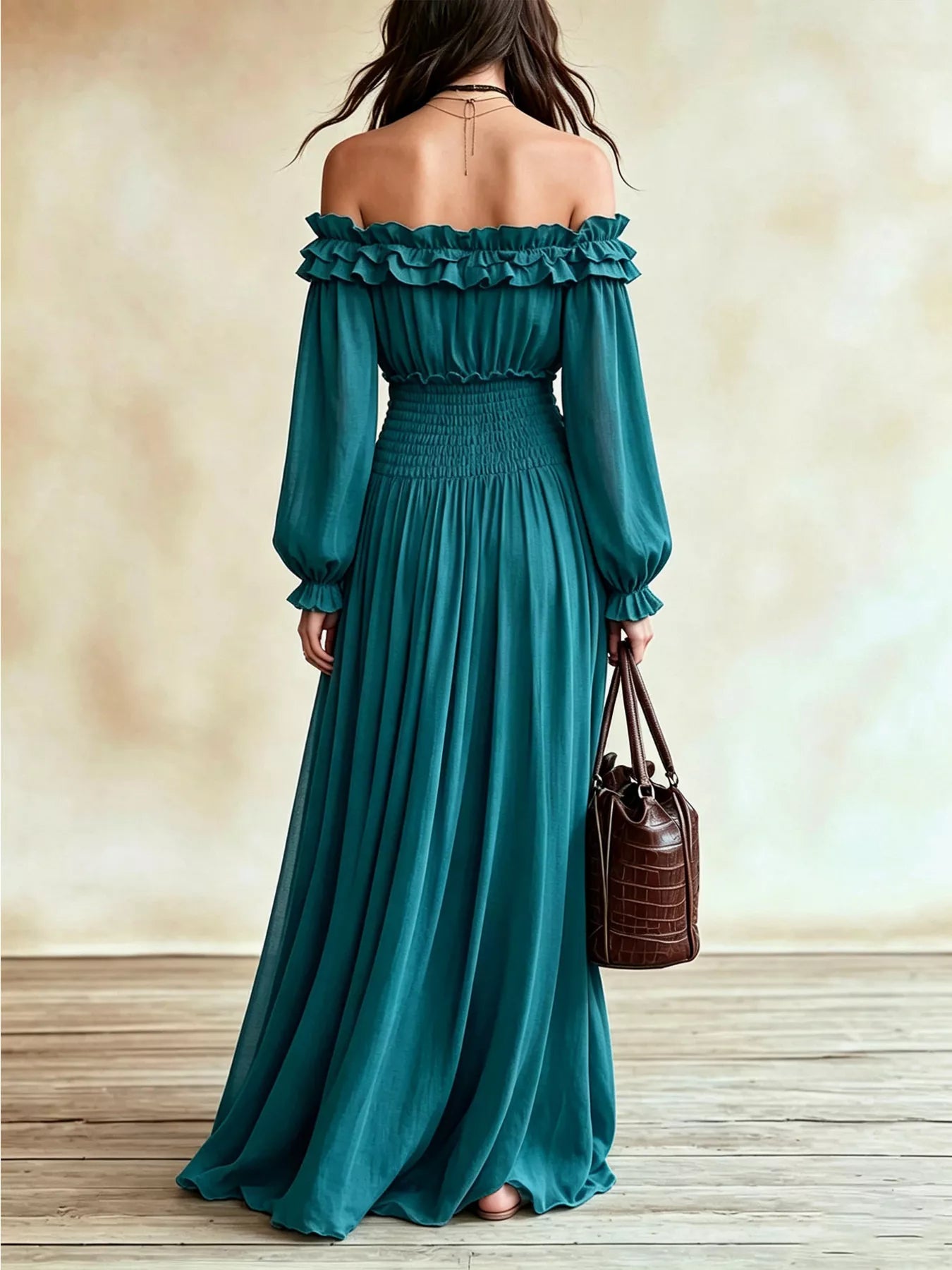 Off-Shoulder Smocked-Waist Maxi Dress