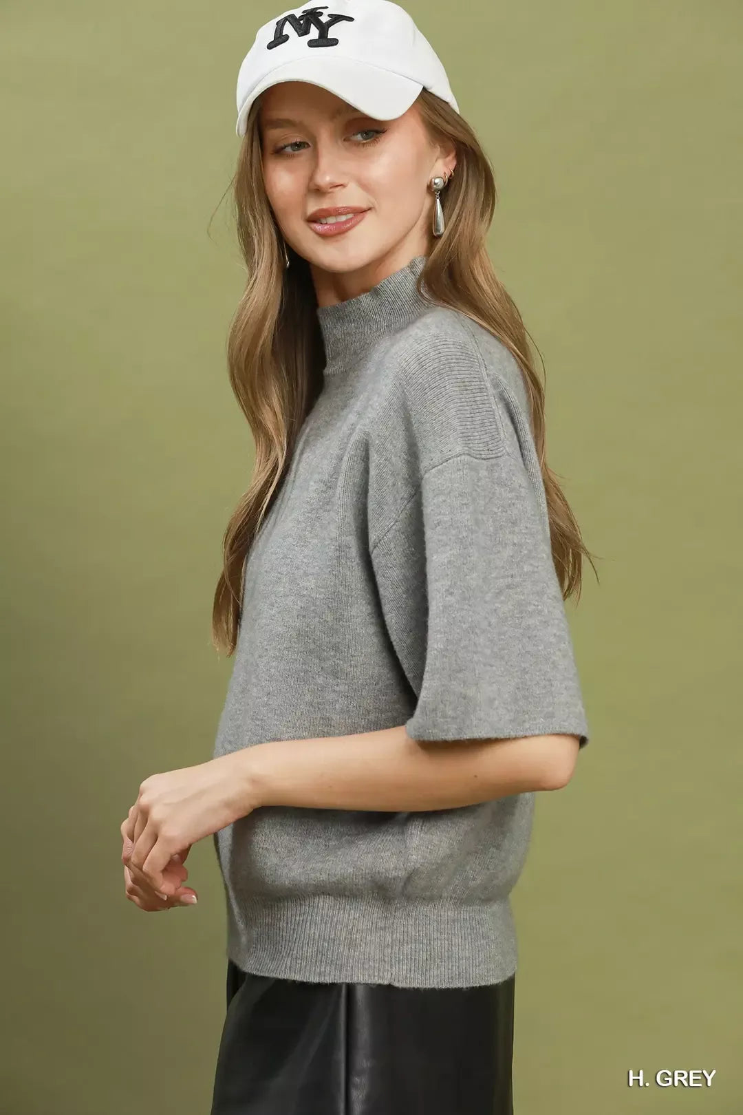 Umgee Heather Grey Mock Neck Sweater Top in H. grey