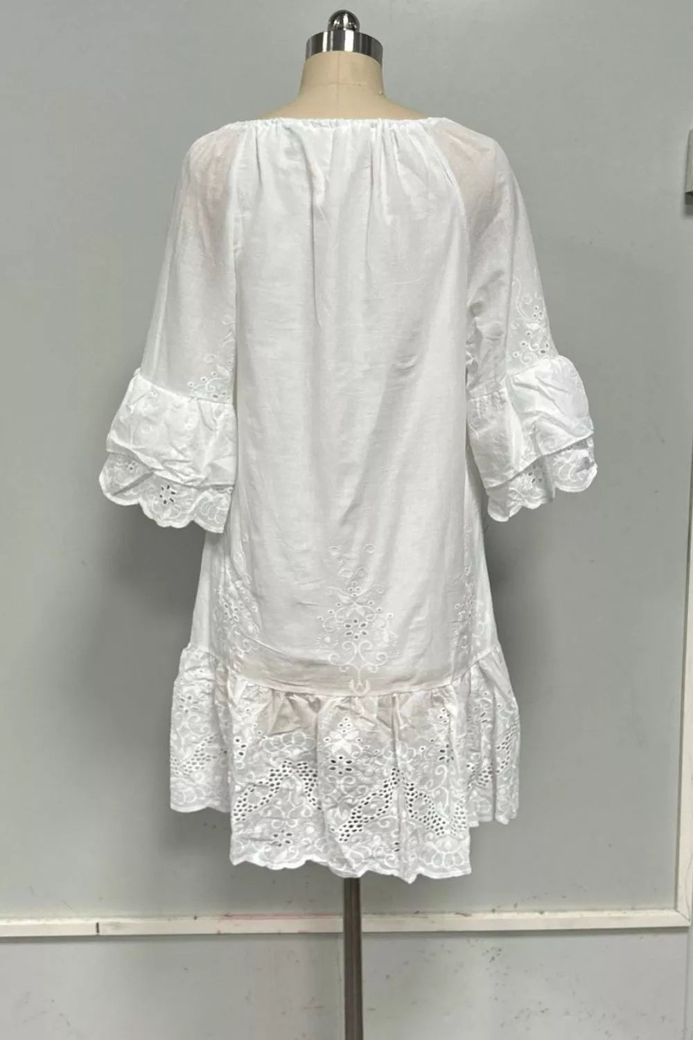 Eyelet Embroidered Tassel Tie Neck Dress in White
