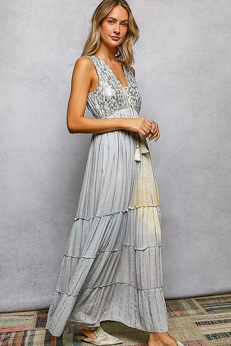 Deep V Tiered Maxi Dress in Light Grey Multi by POL