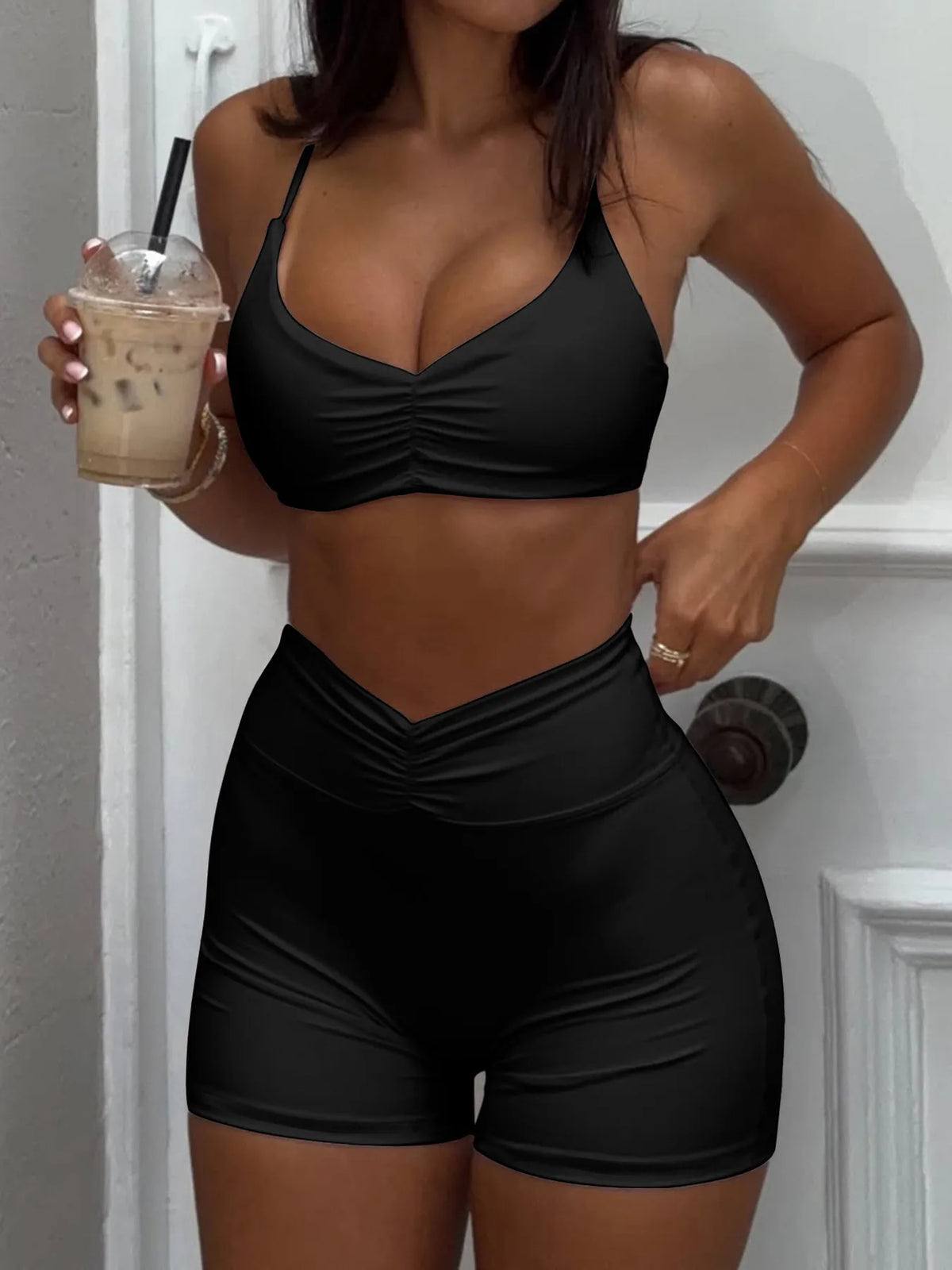 Ruched Sports Bra and Shorts Set