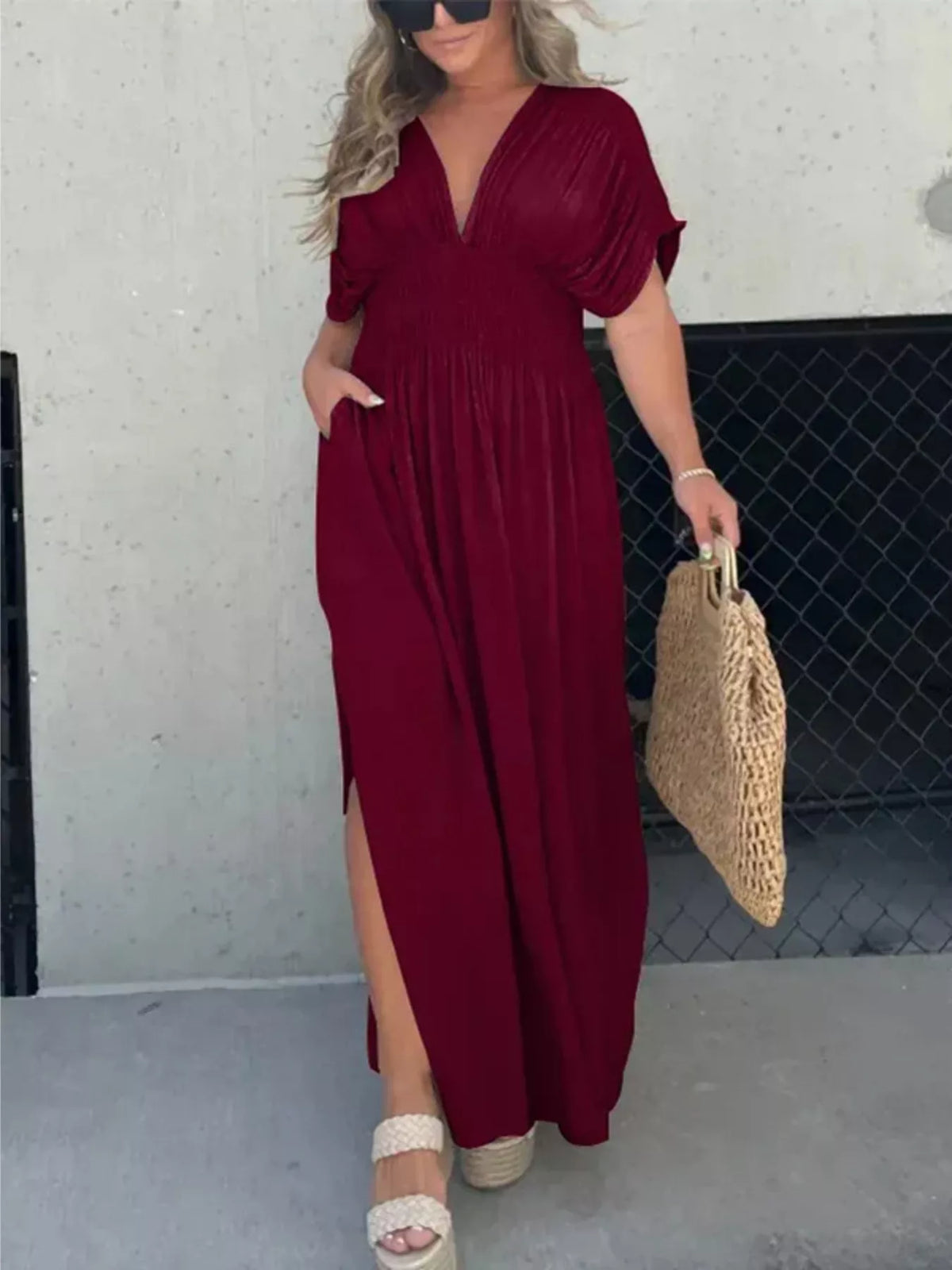 Smocked Waist V-Neck Slit Maxi Dress