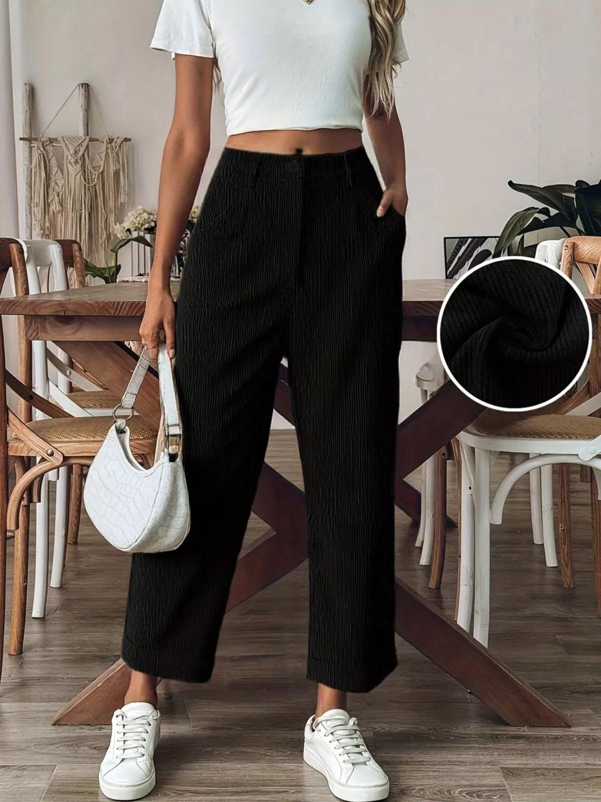 Textured Corduroy Straight-Leg Pants in Khaki