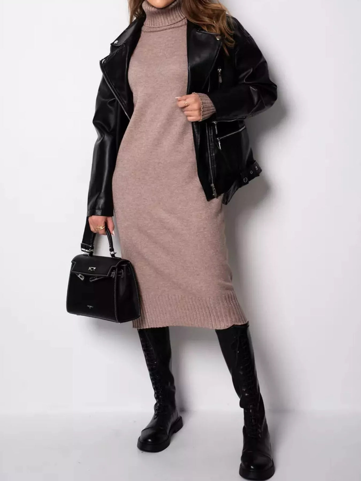 Relaxed Fit Turtleneck Ribbed Knit Sweater Dress