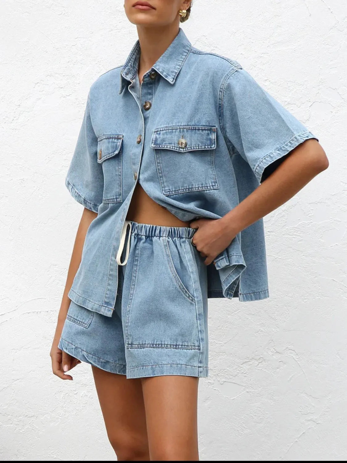 Button-Up Short Sleeve Denim Top and Shorts Set