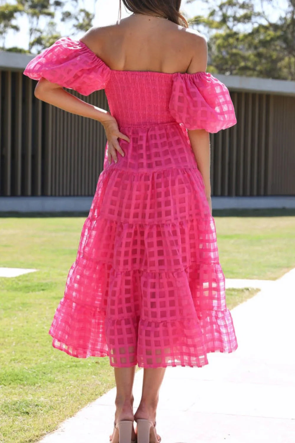 Off Shoulder Puff Sleeve Midi Dress