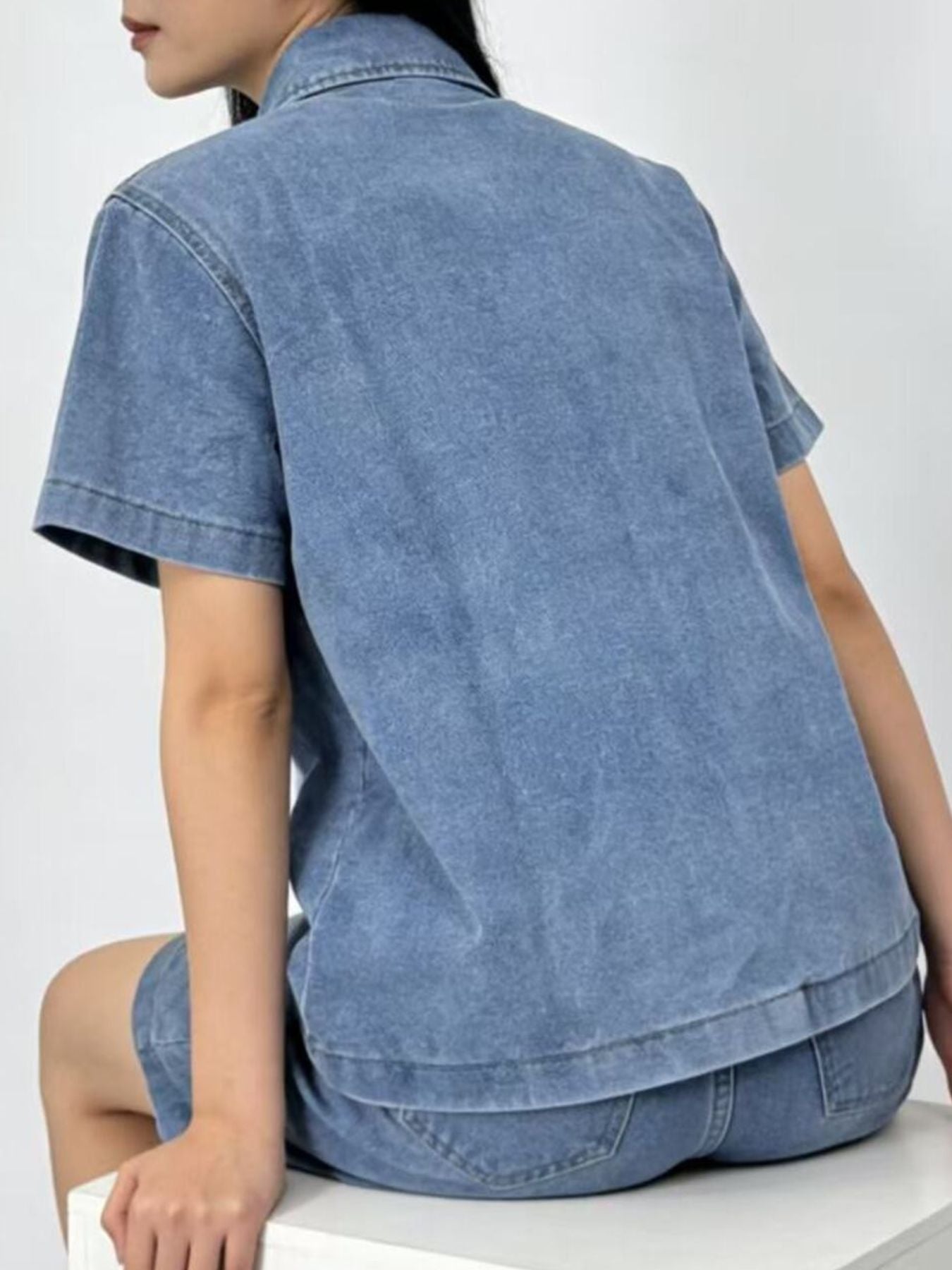 Button Up Short Sleeve Top and Shorts Denim Set by Dreamy Drapes
