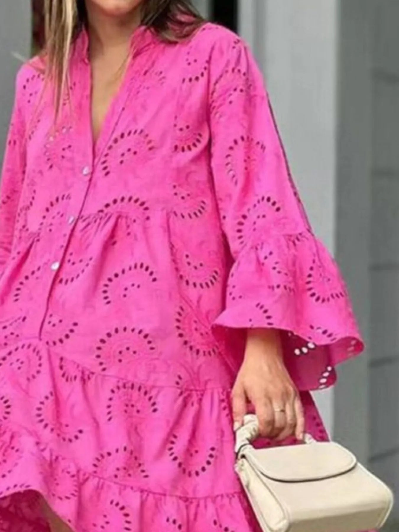 Eyelet V-Neck Tiered Ruffle Dress