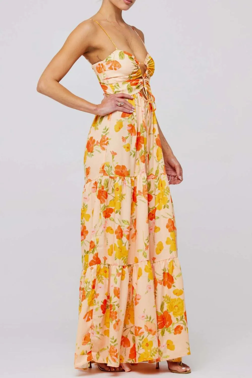Floral Tie-Front Tiered Maxi Dress