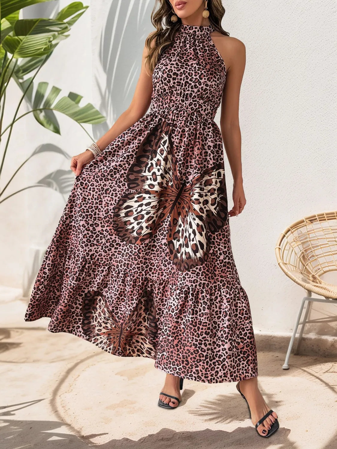 Grecian Neck Maxi Dress in Leopard Print