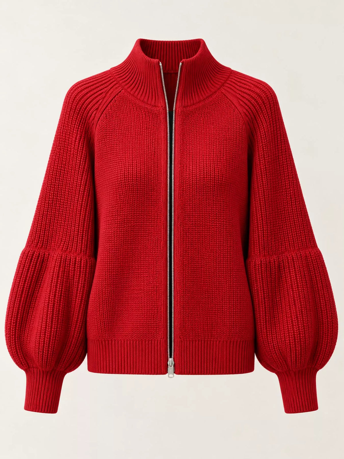 Ribbed Knit Zip-Up Cardigan with Lantern Sleeves